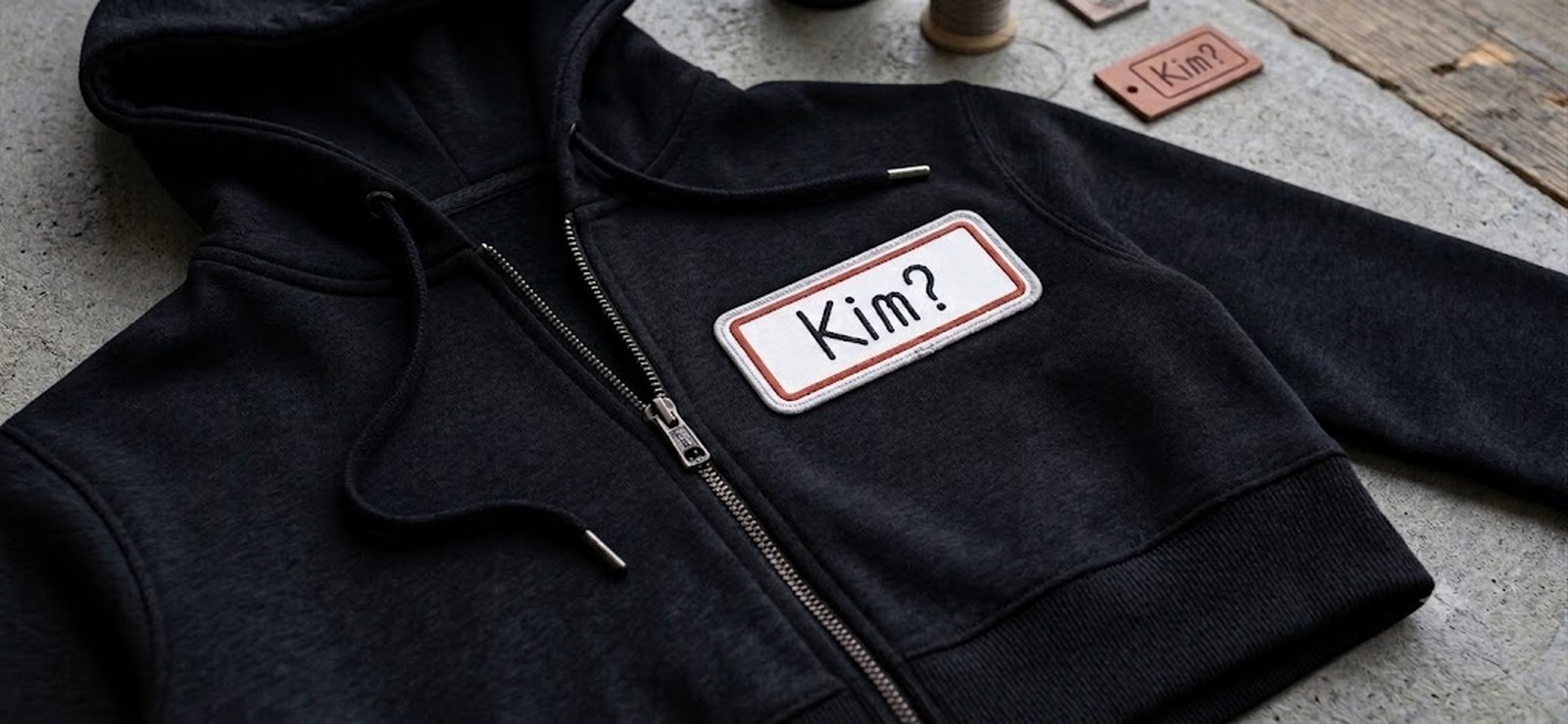 The Kim? patch, woven and stitched onto the zip hoodie chest